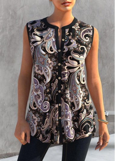 Paisley Print Black Split Neck Tank Top