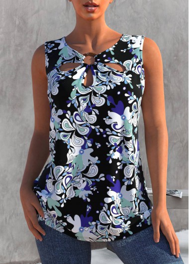 Floral Print Cage Neck Black Tank Top