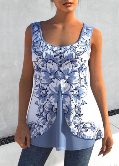 ROTITA Dusty Blue Floral Print Faux Two Piece Tank Top