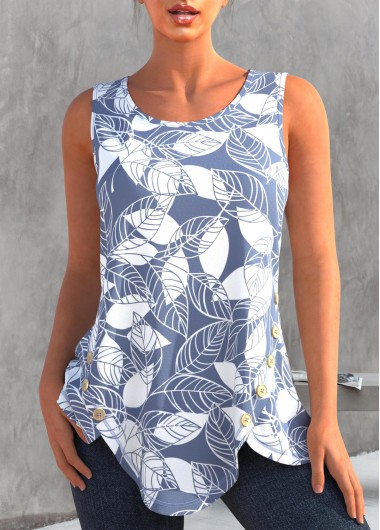 Leaf Print Color Block Round Neck Tank Top
