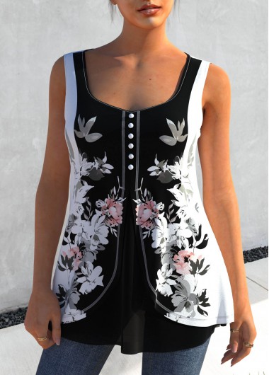 ROTITA Color Block Floral Print Faux Two Piece Tank Top