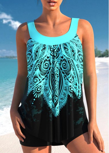 Tribal Print Wide Strap Cyan Tankini Top