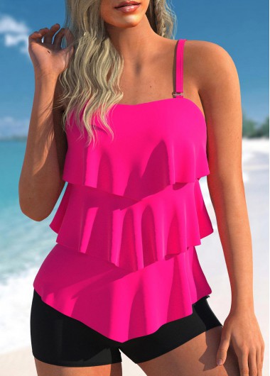 Spaghetti Strap Layered Hem Rose Red Tankini Top