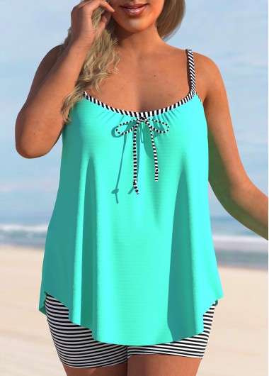 Cyan Plus Size Bowknot Striped Tankini Set