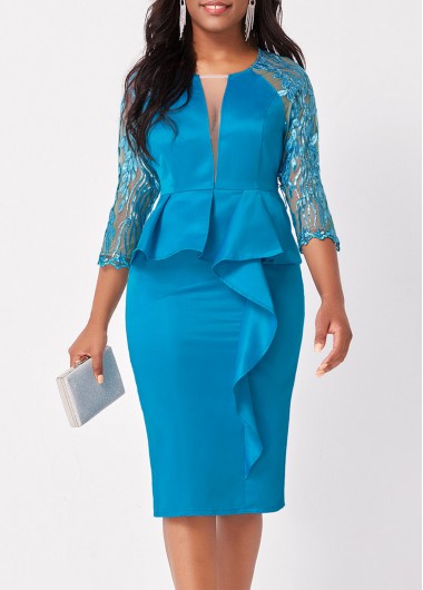 Peacock Blue Embroidered Ruffle Hem Dress