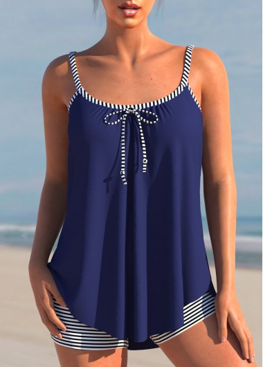 Bowknot Navy Blue Striped Tankini Set