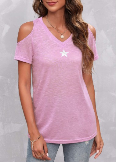 Light Pink Star Print Cold Shoulder T Shirt