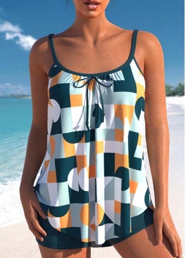 Geometric Print Green Bowknot Tankini Set