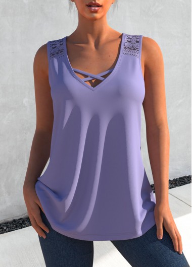 Cross Strap Lace Stitching Dusty Purple Tank Top