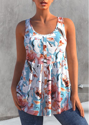 Multi Color Decorative Button Floral Print Tank Top