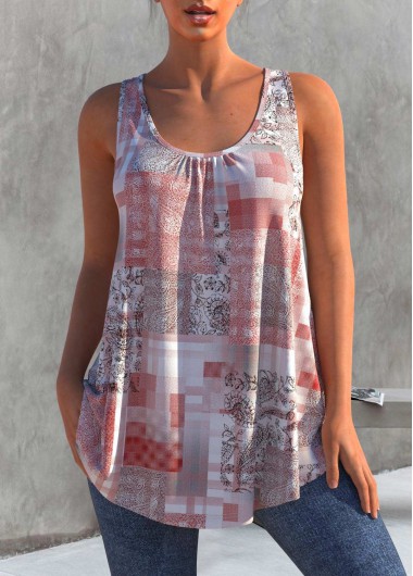 Floral Print Color Block Plaid Tank Top