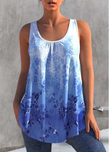 Ombre Floral Print Blue Tank Top