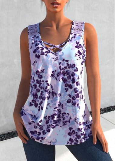 Light Purple Lace Stitching Floral Print Tank Top