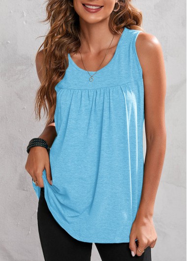 Fold Light Blue Round Neck Tank Top