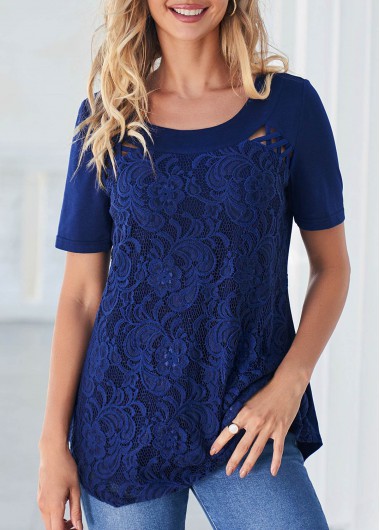 Navy Blue Cross Strap Lace Stitching T Shirt