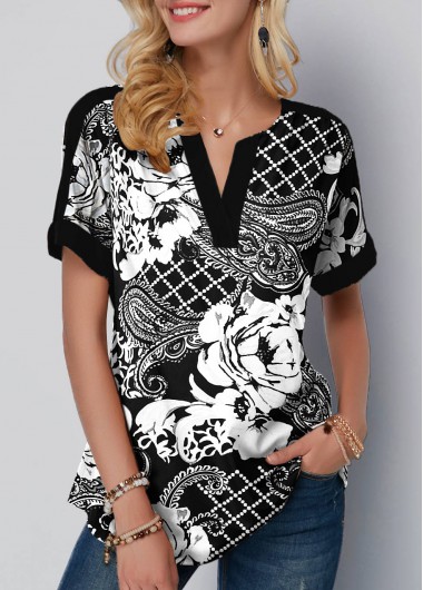 Paisley Print Black Split Neck Short Sleeve Blouse