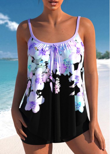 Floral Print Light Purple Bowknot Tankini Top