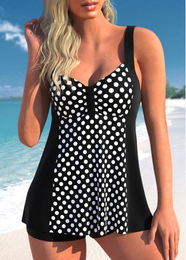 Polka Dot Wide Strap Black Swimdress Top