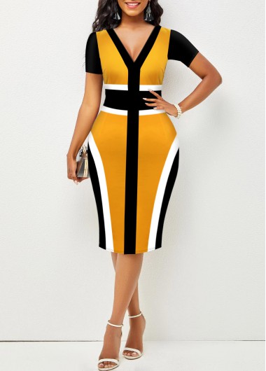 Short Sleeve Ginger Contrast V Neck Dress