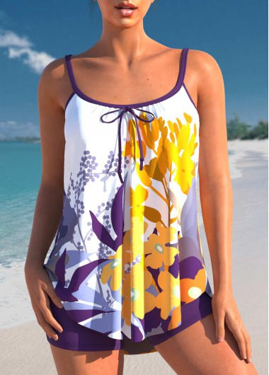 Bowknot Floral Print Purple Tankini Set