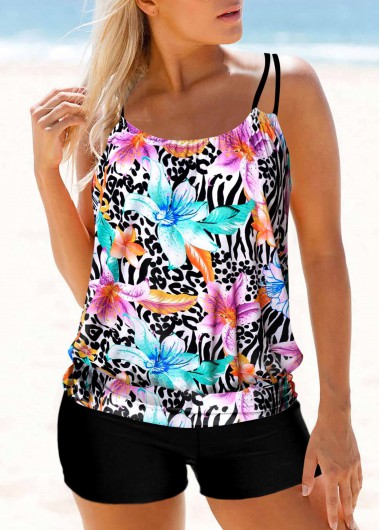 Multi Color Floral Print Double Straps Tankini Top
