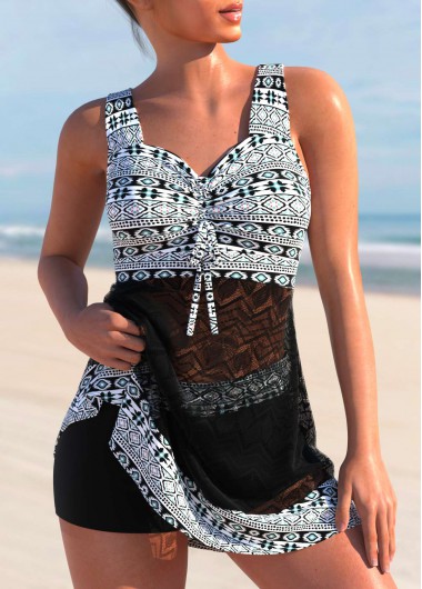 Tribal Print Lace Patchwork Black Swimdress and Shorts