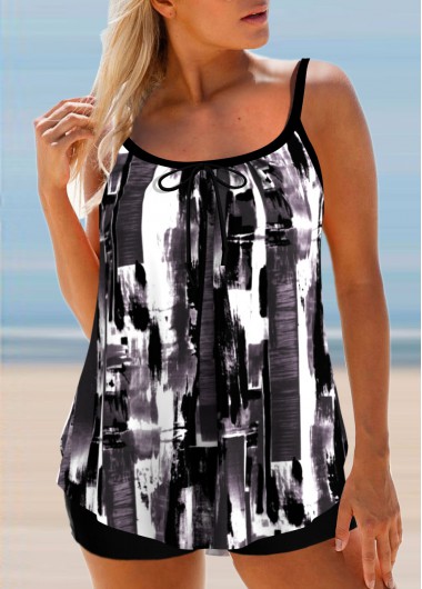 Printed Black Spaghetti Strap Tankini Top