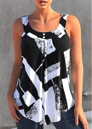 Geometric Print Black Round Neck Tank Top