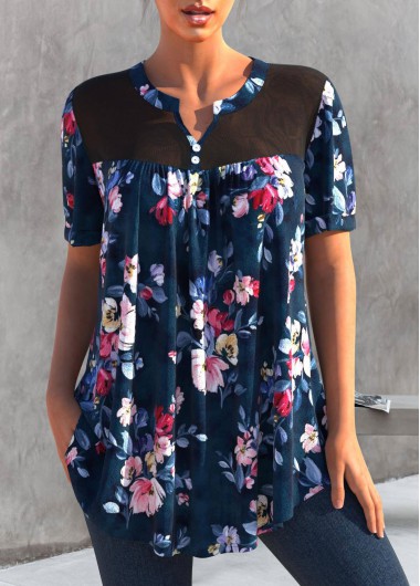 Floral Print Split Neck Navy Blue T Shirt