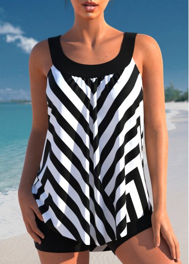 Contrast Stripe Print Black Tankini Top