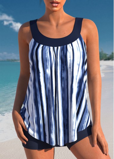 Navy Blue Stripe Print Tankini Set
