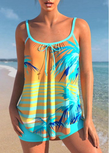 ROTITA Tropical Print Bowknot Cyan Tankini Set