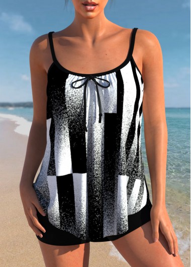 ROTITA Bowknot Black Contrast Geometric Print Tankini Top