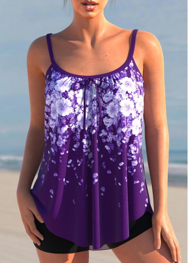 Spaghetti Strap Floral Print Purple Tankini Top