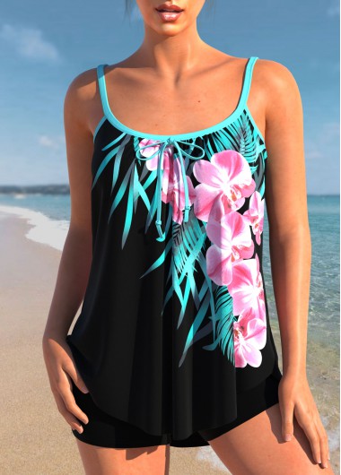 ROTITA Black Bowknot Floral Print Tankini Top