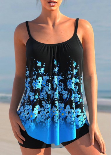 Floral Print Blue Spaghetti Strap Tankini Top