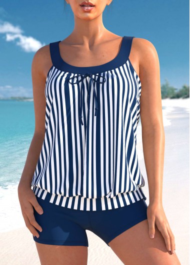 Striped Blue Bowknot Wide Strap Tankini Set