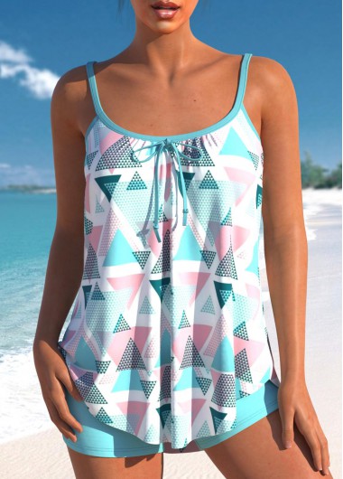 Bowknot Geometric Print Light Blue Tankini Set