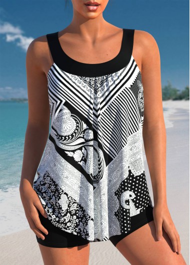 ROTITA Tribal Print Black Striped Tankini Top