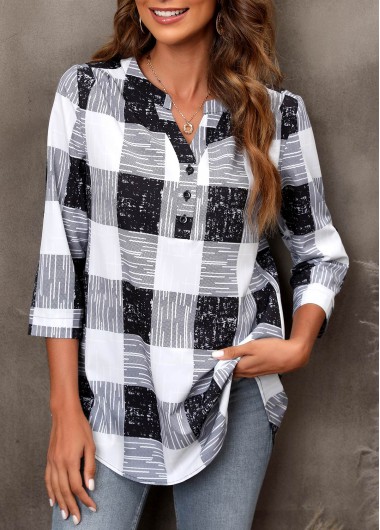 Plaid Split Neck 3/4 Sleeve Black Blouse