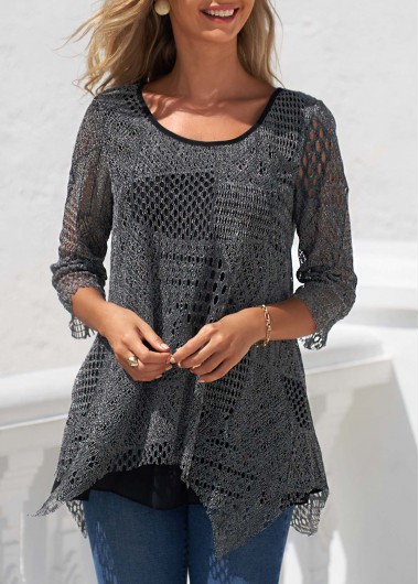 Textured Asymmetric Hem Black Round Neck T Shirt