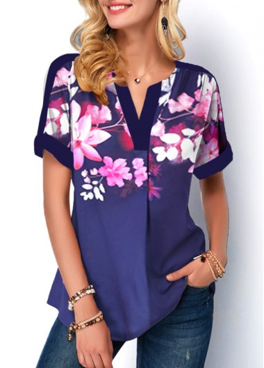 Navy Blue Floral Print Split Neck Blouse