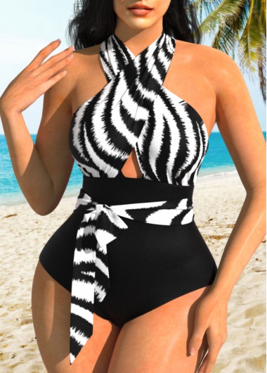 Black Cross Halter Tie Front One Piece Swimwear