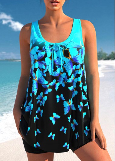 Ombre Cyan Butterfly Print Tankini Top