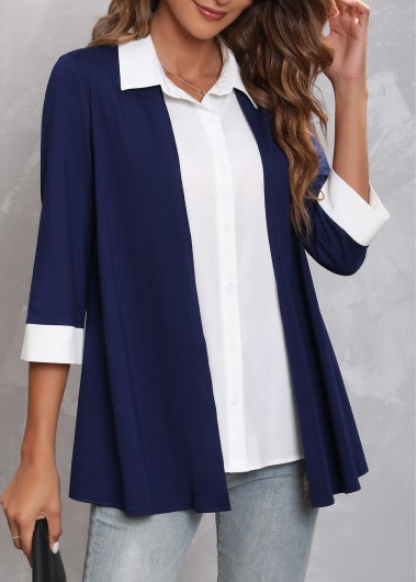ROTITA Navy Blue Faux Two Piece Turndown Collar Blouse