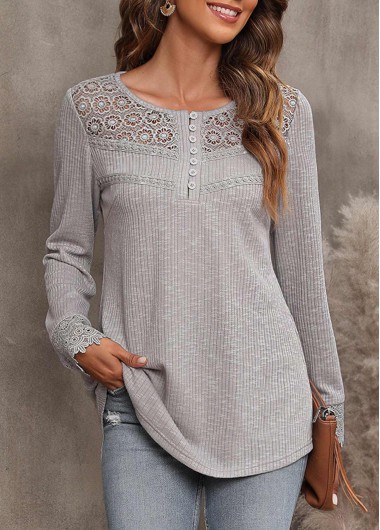 Lace Stitching Long Sleeve Light Grey Marl T Shirt