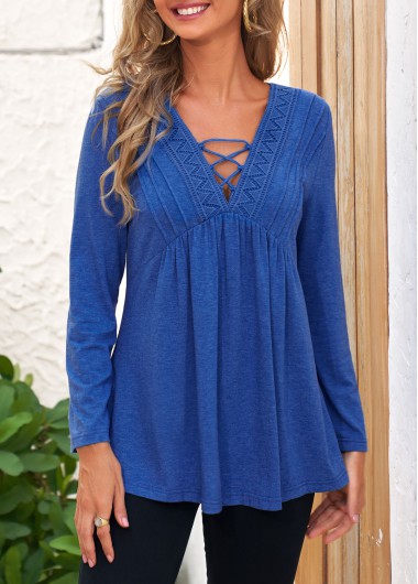 Lace Stitching Long Sleeve Royal Blue T Shirt