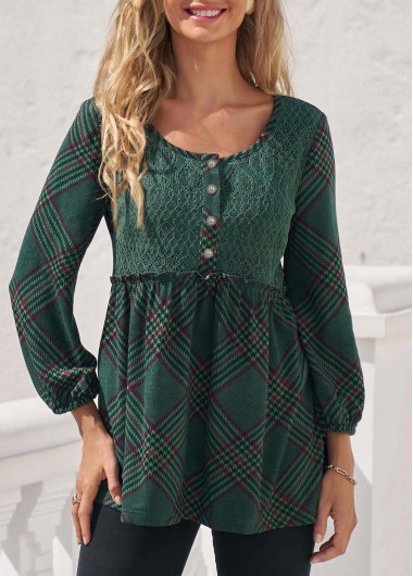 Plaid Blackish Green Stringy Selvedge Lace Stitching Blouse