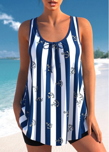 Navy Blue Bowknot Striped Tankini Top