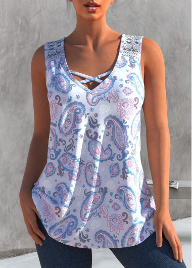 Light Purple Lace Stitching Paisley Print Tank Top